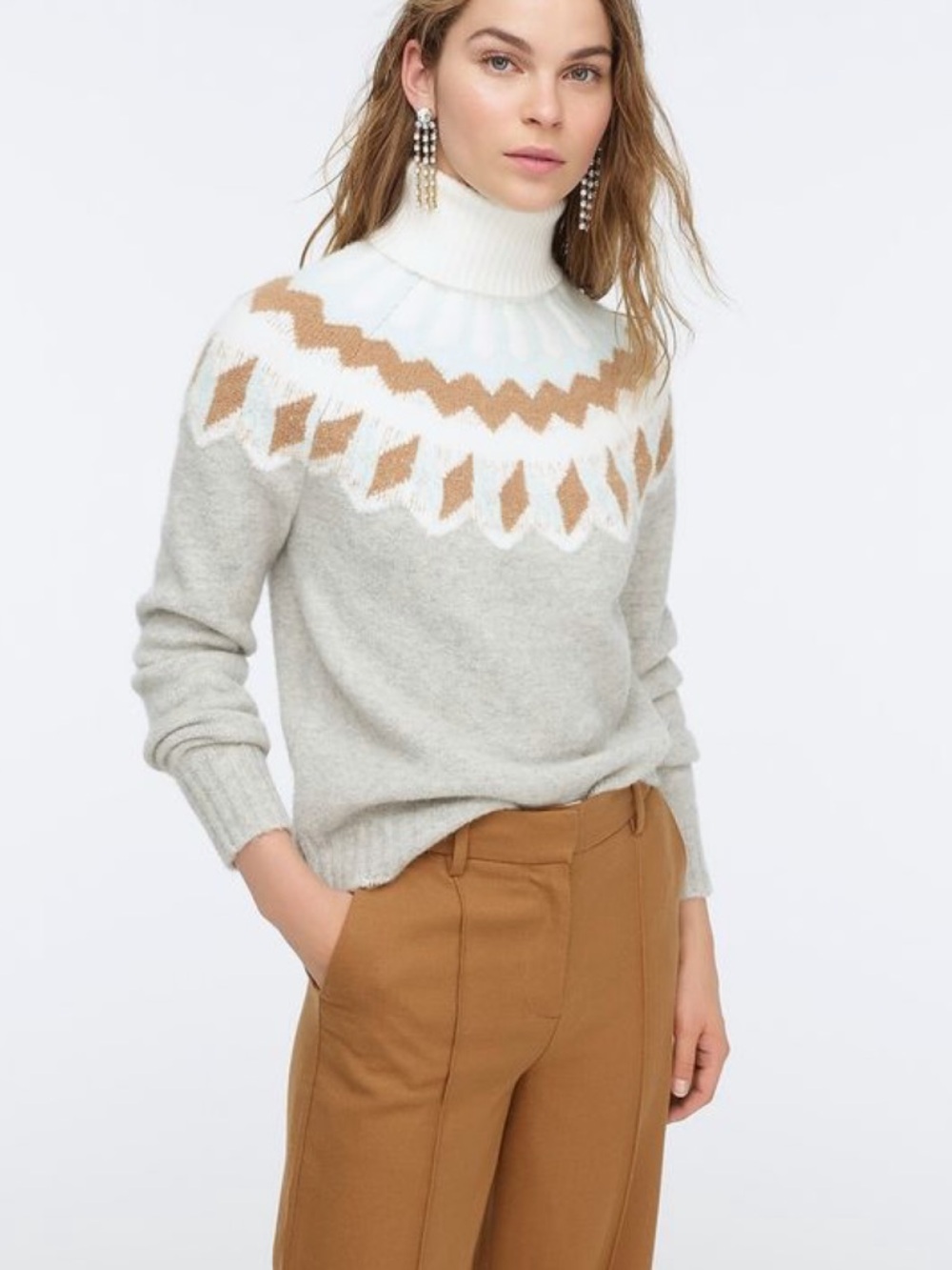 J. Crew Fair Isles Turtleneck Sweater XS Supersoft Yarn Gray Cream Tan Preppy